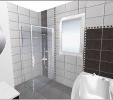 Voil&agrave; ce que j'ai fait hier soir mais quand je me suis lev&eacute;e ce matin ma SDB &eacute;tait enti&egrave;rement d&eacute;carrel&eacute;e!!! et vous voyez &agrave; gauche le coin vasque, quand je mets le carrelage, il ne se voit   en 3D !!!
le choix des meubles n'est pas top, (pas d'armoire de toilette 3 glaces). Pour l'am&eacute;nagement de la SDB, le logiciel aqua3D est plus facile &agrave; utiliser mais il ne fait pas le carrelage!!!