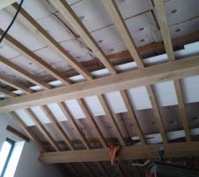 Pose du lambris au dessus des chevrons en chêne. Le blanc permet de ressortir la couleur du bois.