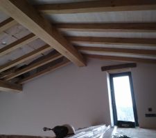 Pose du lambris au dessus des chevrons en chêne. Le blanc permet de ressortir la couleur du bois.