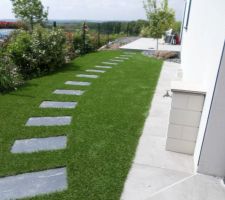 Voici quelques photos de notre petit jardin réalisé par un paysagiste.
les deux oliviers étaient déjà sur place les autres plantes fournies par le paysagiste. Il manque les brises vue. avant la pelouse, côté voisin,avec la pelouse