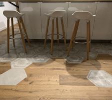 Nous adorons ces inclusions de carrelage dans notre parquet. Les artisans se sont parfois fait des noeuds au cerveau Maus le résultat est là. Ils ont fait un travail impeccable !