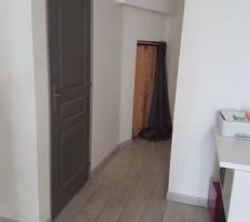 Voici l'entrée avant achat. La porte grise cache les WC, et la porte en bois l'accès au 2emE étage.