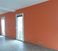 De la couleur sur les murs. Ce orange nous a un peu surpris. Nous nous attendions à un orange rosé plutôt. Là, c'est vraiment orange. Nous verrons bien si ce n'est pas trop flashy à vivre. Il parait qu'avec les meubles, ça rend différent.