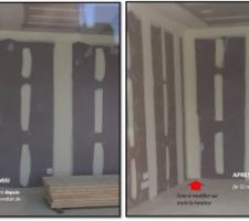 L'entreprise indique être intervenue samedi 09 MAI pour modifier la placo de salle de bain par du placo phonique. Vous voyez une différence vous ?...

J'avais signalé cette anomalie de "type de placo" au moment de la mise en enduit des cloisons. Il restait alors des zones visibles qui montraient bien la présence de placo marine de sdb au lieu du placo phonique (vidéo et photo prises à cette occasion). Une fois que j'avais signalé cette anomalie, l'enduiseur était repassé pour cacher toutes les zones où le placo de salle de bain était encore visible...alors que ce n'était pas le cas avant. Sans doute en prévision de l'intervention fantôme du plaquiste le 09 mai.

On nous prend vraiment pour des idiots.
