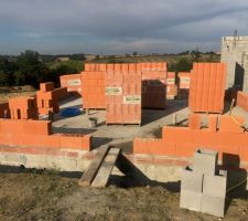 Elevation des murs: maison en briques, écuries en parpaings.