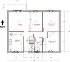 Plan de l'étage à vivre (au dessus du sous sol complet) telle que la maison est avant les travaux. Les murs porteurs ont été repassés en rouge.