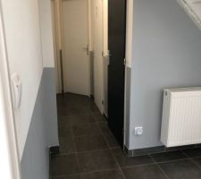 Apr&egrave;s 5 ans dans la maison, je commence &agrave; repeindre.
J'avais mis du blanc mat partout pour que ce soit propre et plus simple, maintenant je passe au satin&eacute; et "bi-couleur" pour l'entr&eacute;e, le couloir du bas et la cage d'escalier.