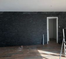 Pose des plaquettes de parement dans le salon (sur TOUT le mur)