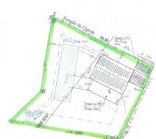 Implantation de notre maison sur le terrain, avec visualisation de la fosse septique et de l'épandage.