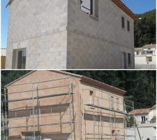 Avant et pendant la pose de l'enduit de façade . coloris COLLIOURE de chez PRB.