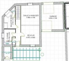 Plan du RDC actuel, l'idée est de créer une chambre ou bureau au RDC et de transférer cet espace dédié au salon dans l'extension devant le garage actuel.