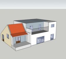 Idée initiale de mon projet avec conservation d'une partie de la maison actuelle (à gauche héhé) et ajout extension moderne.
Cette idée a été démontée lors de mon premier RV (voir explications dans le récit)