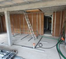 Isolation par rouleaux de laine de verre avec pare-vapeur.
Vu sur l'entr&eacute;e/cellier/salle d'eau et chambre du bas &agrave; gauche.