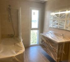 Salle de bain &eacute;tage finalis&eacute;e
&eacute;quipements enfin prot&eacute;g&eacute;s apr&egrave;s 3 semaines d'insistance !