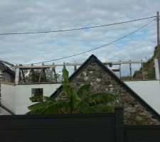 Finition de la charpente et de la ma&ccedil;onnerie de l'&eacute;tage. Vue de l'ouest.