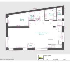 Plan V3 : que nous allons présenter en modification de permis.
- modif emplacement du poêle
- modif baie vitrée du rdc
- modif cloisons intérieur