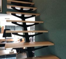 Escalier fait maison en acier avec marche en chêne brut 30mm et garde corps en acier manque juste la rambarde