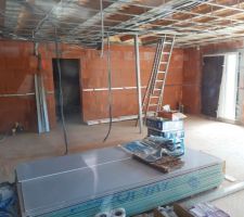 Isolation int&eacute;rieure en cours,en parall&egrave;le, l &eacute;lectricien &agrave; pass&eacute; ses gaines. Toujours frustrant de ne pas pouvoir rentrer,mais vue de l'ext&eacute;rieur, on voit tout de m&ecirc;me le chantier avancer??