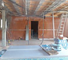 Isolation int&eacute;rieure en cours,en parall&egrave;le, l &eacute;lectricien &agrave; pass&eacute; ses gaines. Toujours frustrant de ne pas pouvoir rentrer,mais vue de l'ext&eacute;rieur, on voit tout de m&ecirc;me le chantier avancer??