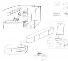 Idées pour la salle de bain du bas, sauf qu'il n'y aura que 2 meubles hauts et pas 5, et une armoire à glace et pas de miroir