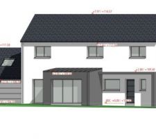 Maison tout hauteur avec avancée toit zinc et garage 
La couleur des menuiseries changeront peut être selon les devis pour du gris extérieur et blanc intérieur...