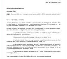 Réserves émises dans le délais de 8 jours après la réception.