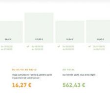 Consommation annuelle.
En vert, les dépenses. En orange, les remises à déduire.
Je suis chez leclerc énergies.