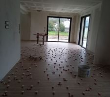 Carrelage imitation parquet du RDC en cours