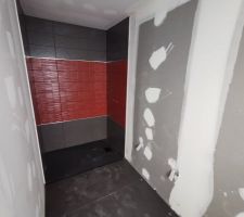 Carrelage et fa&iuml;ence salle d'eau. Manque les joints du sol et les plinthes.