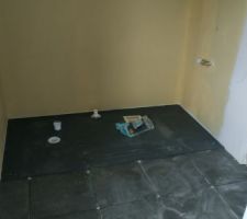 Carrelage au sol de la salle de bain et pose du receveur de la douche parentale de l'etage