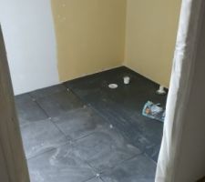 Carrelage au sol de la salle de bain et pose du receveur de la douche parentale de l'etage