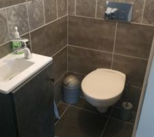 Pose de la faience des wc du RDC avec la creation du petit meuble lave main