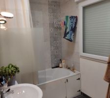 La salle de bain : crédence posée par nos soins. On reverra un jour pour un meuble vasque. J'ai trouvé ces deux petits meubles en attendant.