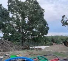 Les 2 tas de terre stockés au fond du terrain. La pluie a bien fait ressortir la différence entre la terre végétale (à gauche) et la terre de remblai (à droite).