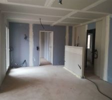 Cloisons achevées - le salon, un bureau et l'entrée de la suite parentale derrière la demi-cloison qui supportera un claustra