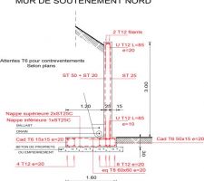 Plan ferraillage pour la réalisation d'un mur de soutenement de 3m de haut sur 35m de longeur.