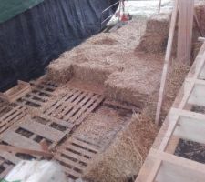 Stock de bottes, transféré de la zone sud (palettes libérées) sur les solives en place : 8 étages de 11 bottes.