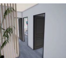 Idée de claustra bois dans la continuité du mur de séparation entre la suite parentale et le séjour/ salle à manger