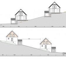 Le terrain étant en pente, les maisons seront comme "suspendues" sur celle ci. Le garage en contrebas offre un toit terrasse afin de maximiser l'espace disponible pour les habitants. La distance entre les maisons permet de bien séparer le terrain en deux. L'aménagement paysager fera le reste pour créer 2 espaces totalement distincts, où chaque maison sera indépendante.