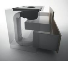 Meuble sous plaque à induction avec hotte intégrée.