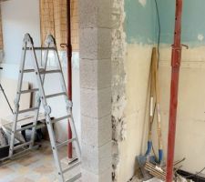 Montage du poteau oppos&eacute; &agrave; la fa&ccedil;ade, sans d&eacute;coupe des &eacute;l&eacute;ment car j'avais la possibilit&eacute; d'utiliser l'ouverture de l'ancienne chemin&eacute; pour enfiler le ferraillage par le haut.