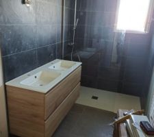 Début pose salle de bains paroi de douche sous vasque et évier...