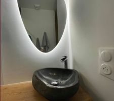 Miroir rétro éclairant, vasque et robinet posés dans la SDE