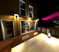 Voici une vue à partir du logiciel Sweet Home 3D que j'ai réalisé moi-même à partir des plans de l'architecte.
Vue côté jardin en fond de propriété, de nuit.