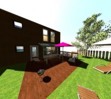 Voici une vue à partir du logiciel Sweet Home 3D que j'ai réalisé moi-même à partir des plans de l'architecte.
Vue façade jardin.