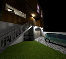 Voici une vue à partir du logiciel Sweet Home 3D que j'ai réalisé moi-même à partir des plans de l'architecte.
Vue côté rue, de nuit.