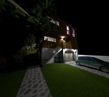 Voici une vue à partir du logiciel Sweet Home 3D que j'ai réalisé moi-même à partir des plans de l'architecte.
Vue côté rue, de nuit.