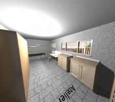 Vue de l'atelier que j'ai réalisé avec le logiciel Sweet Home 3D, à partir des plans de l'architecte.