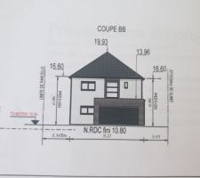 Plan permis : la rue se trouve devant le garage, la maison est en longueur
