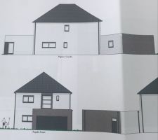 Plan permis : la rue se trouve devant le garage, la maison est en longueur